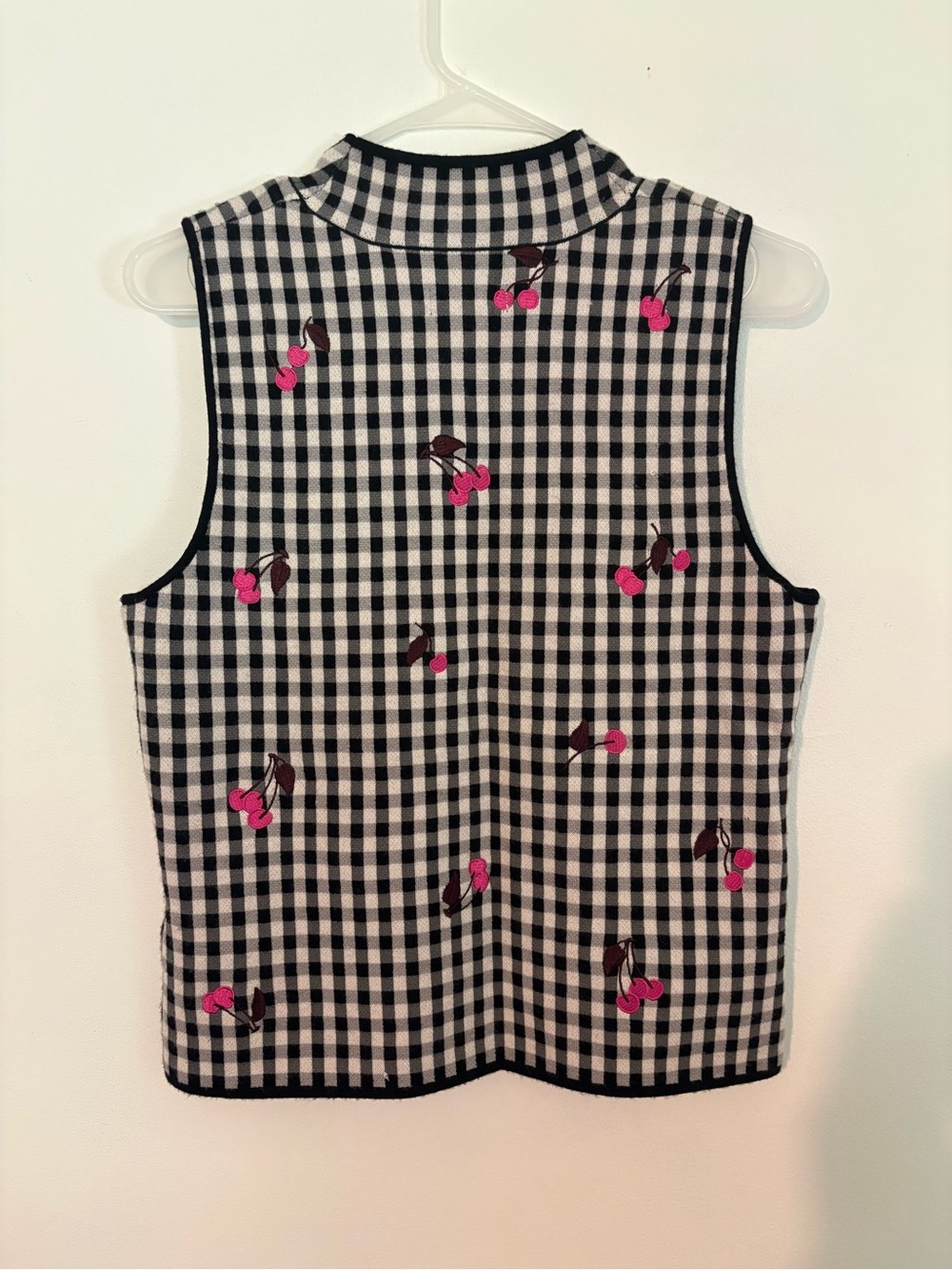 Maeve Anthropologie Gingham Mock-Neck Knit Shell Tank Top Cherry Embroidered - Picture 6 of 8